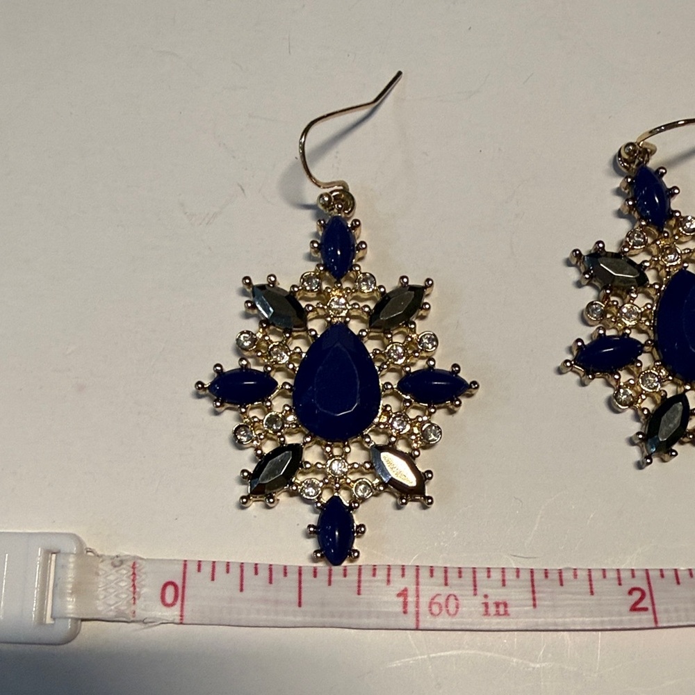 Blue & Gold Statement Earrings | Rhinestone Dangle - Picture 5 of 6